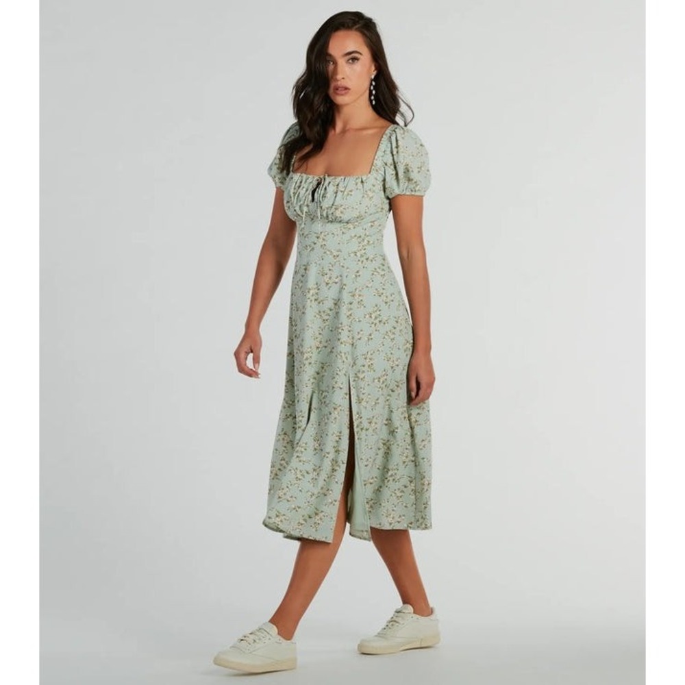 PA Sun Floral Midi Dress Cottagecore Puff Sleeve Tie Front Green Size M 0173